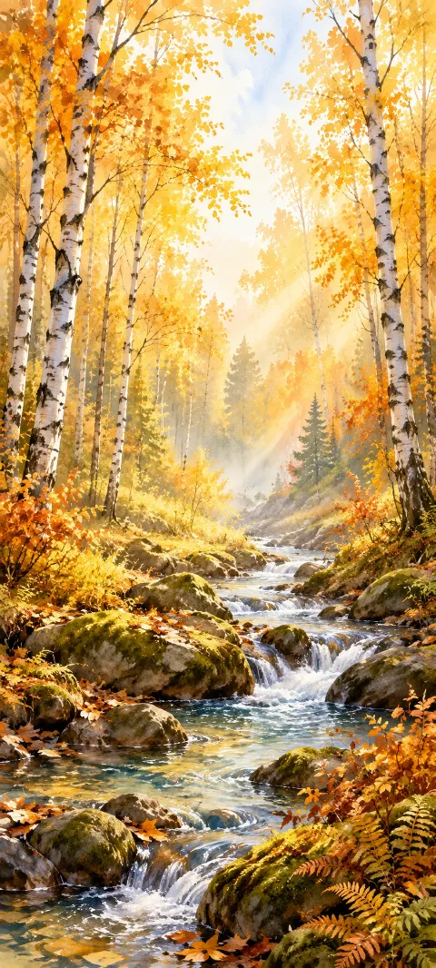 Amber birch woodland with a cascading rocky stream, moss, and ferns.