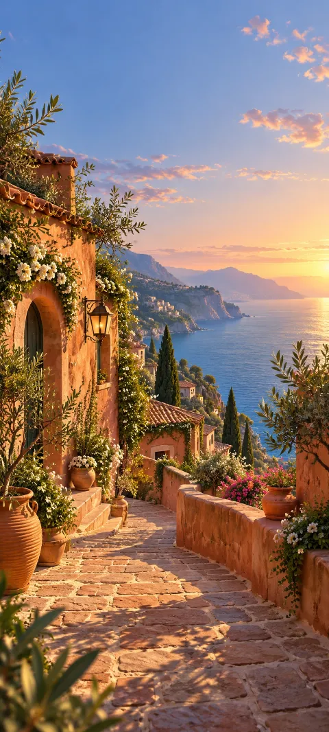 A terracotta lane descends toward a sunlit coastal bay.