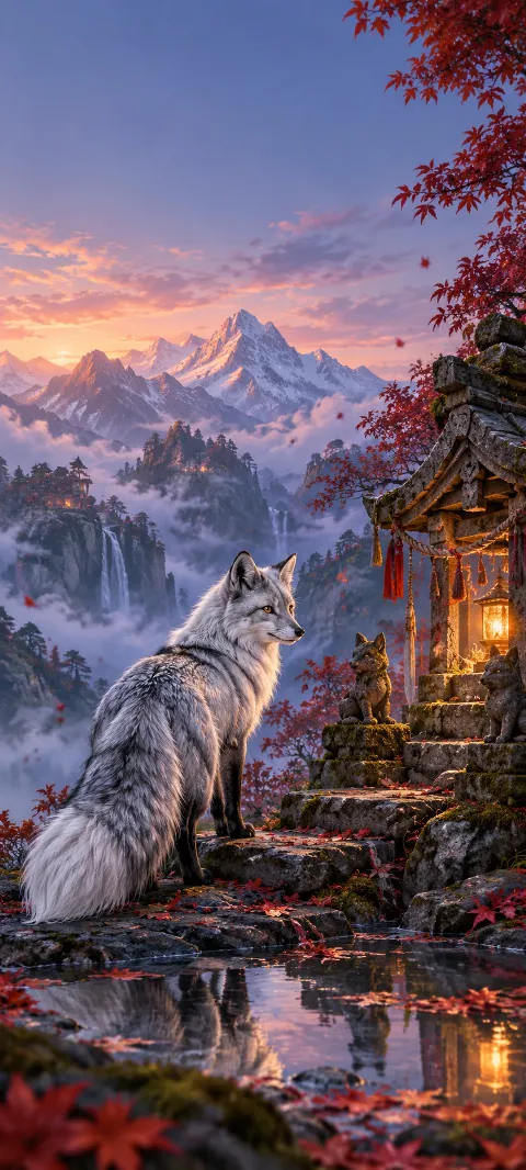 A silver fox pauses beside a stone shrine.