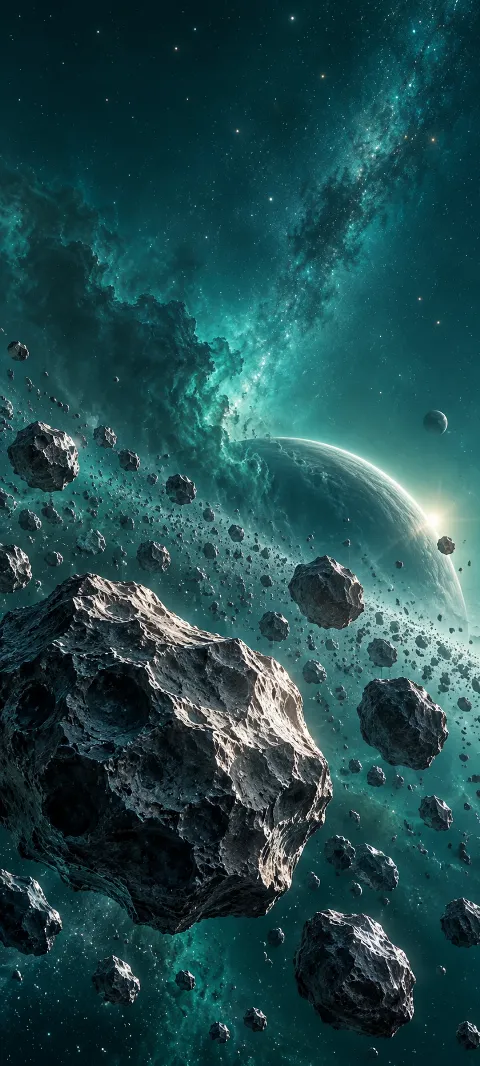 Silver-gray asteroids before a large teal planet in a star-filled sky.