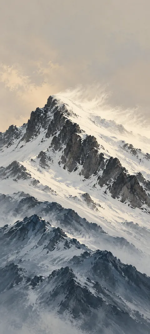 Pale blowing snow over a black jagged mountain ridge above layered blue-gray slopes.