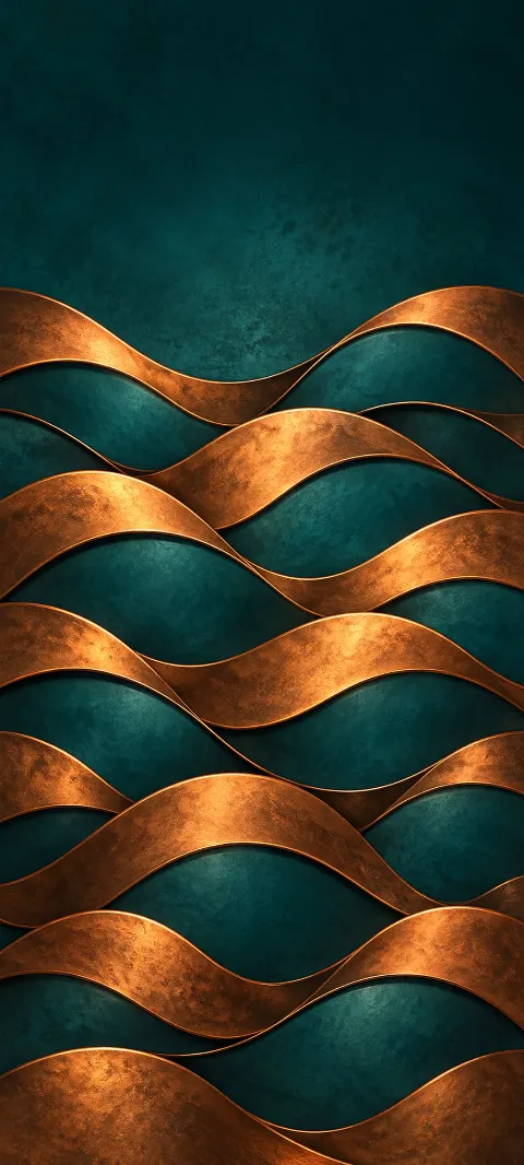 Repeating copper wave tiles interlock over deep teal.