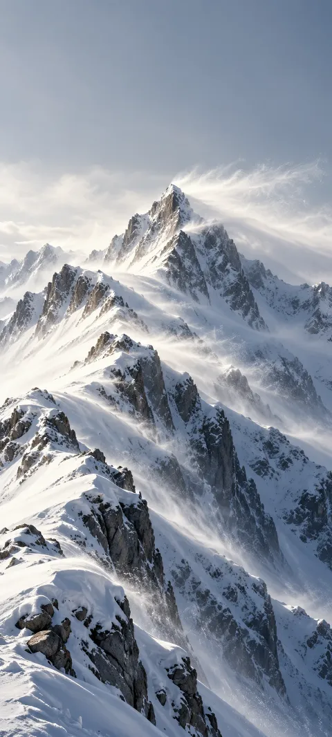 Wind blows white snow across a jagged mountain ridge beneath a pale gray sky.