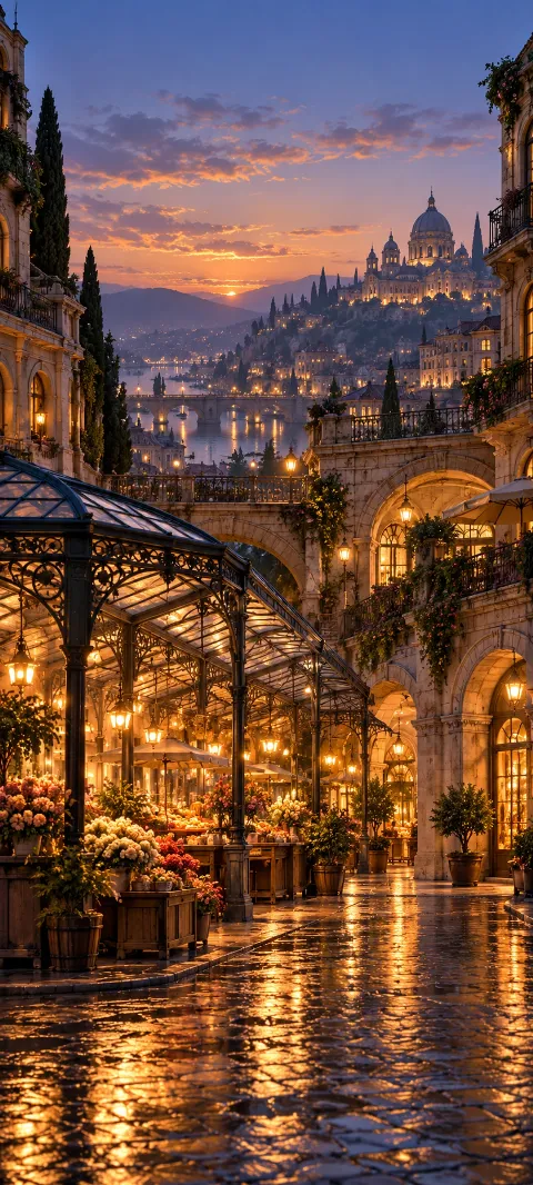 A quiet market canopy shelters a lane of warm lights.