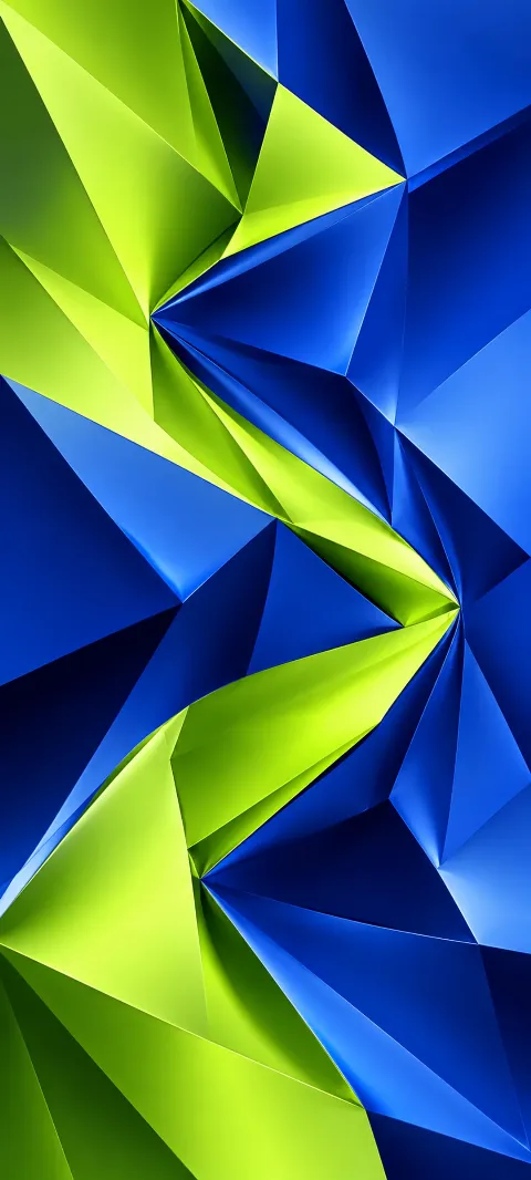 Lime and cobalt planes fold into a flowing faceted structure.