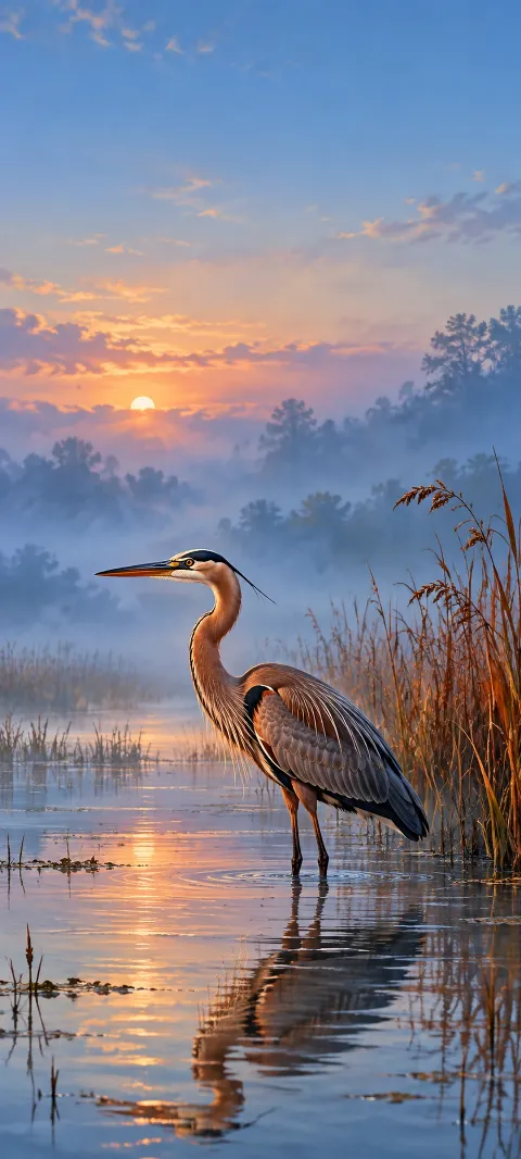 Copper-gray heron in shallow marsh water beside rust reeds, reflected below a misty sunrise.