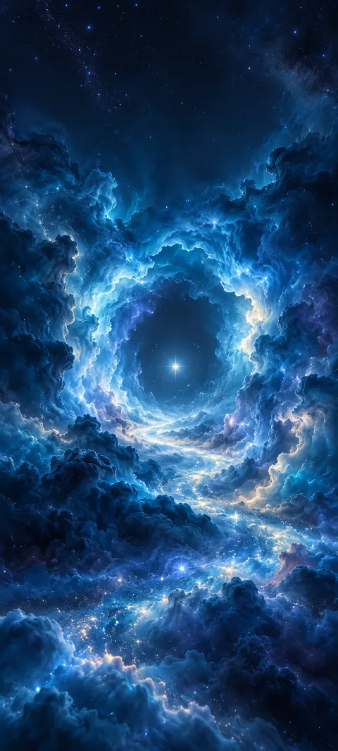 Blue nebula clouds form a doorway toward a tiny white star.