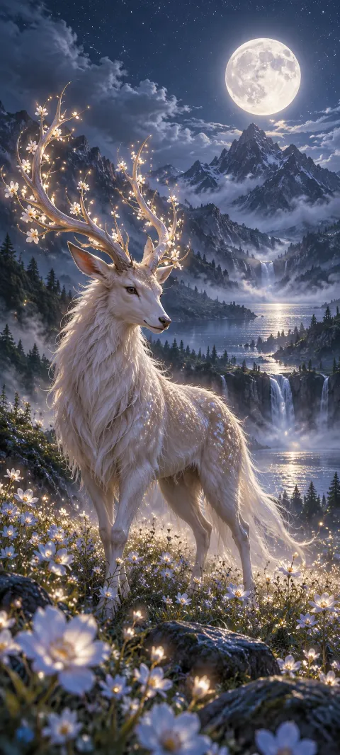A gentle horned creature watches a dawn valley.