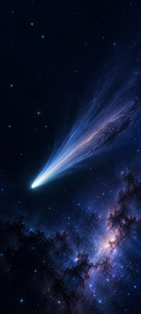 A slender comet crosses an indigo field of sparse stars.