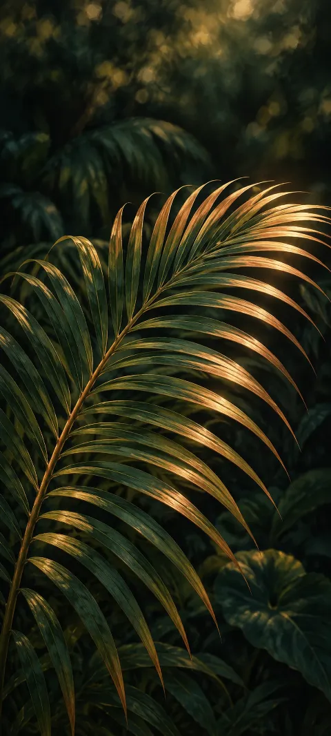 A curved palm frond with copper-lit leaf edges against a dark blurred tropical garden.