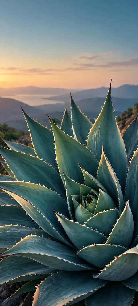 Blue-green agave leaves form a spiral with pale edge light.