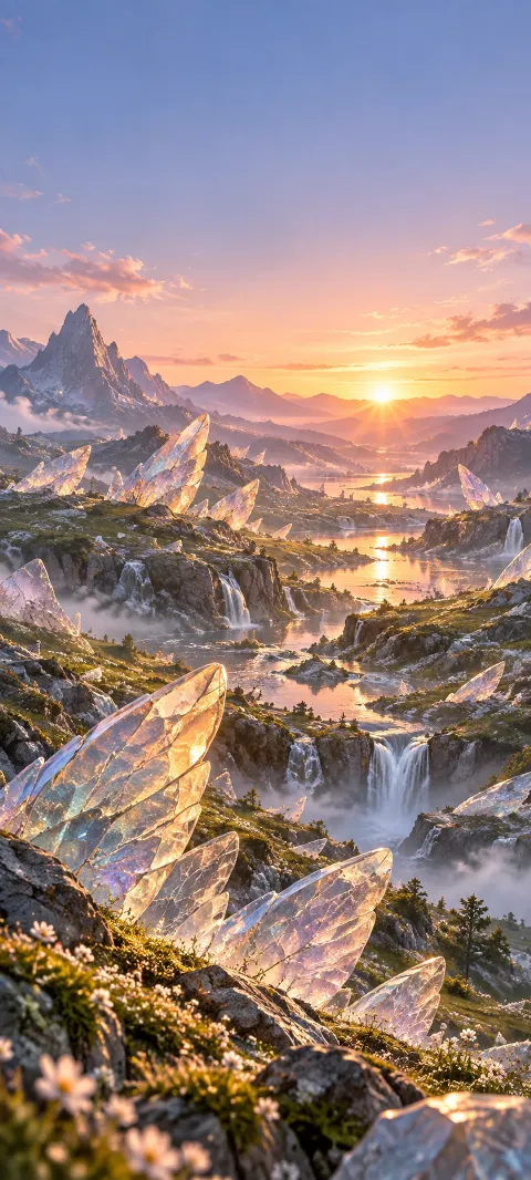 A valley of transparent wing-shaped stones catches sunrise.