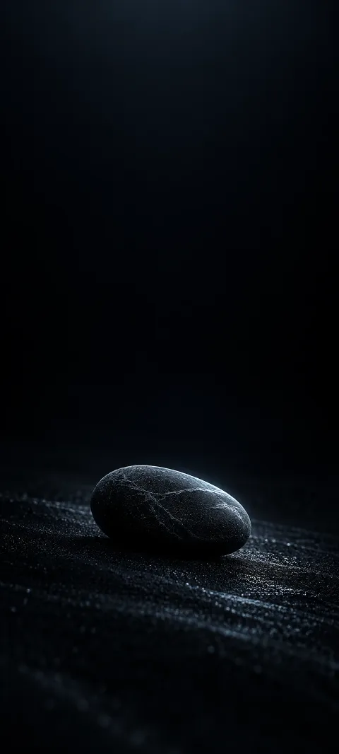 A dark slate pebble rests on a nearly black plane.