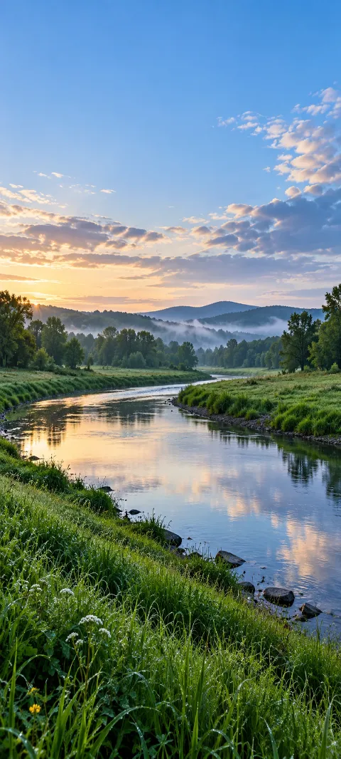 Bluegrass banks curve around a slow river beneath distant trees.