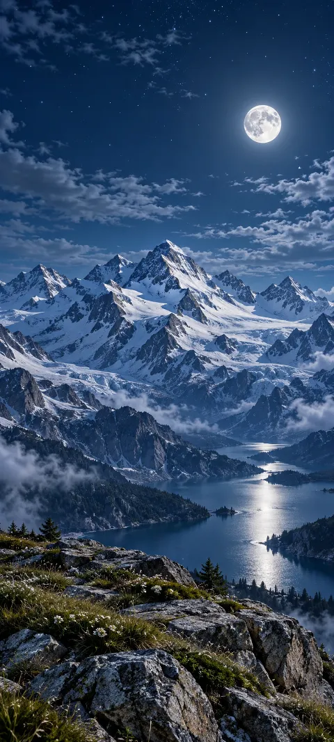 An alpine shelf glows beneath a clear moonlit sky.