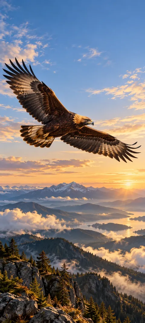 A golden eagle glides above foothills and cloud.