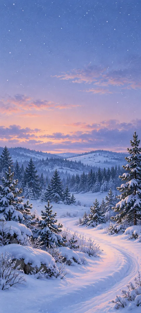 Snow trail through frosted pines beneath a lilac and pink twilight sky.