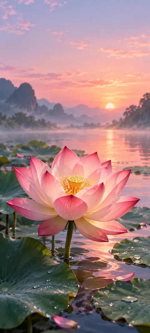 Pink lotus and round green leaves on a pond beneath a peach sun.