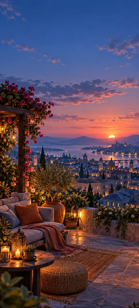 A rooftop garden overlooks cobalt buildings at dusk.