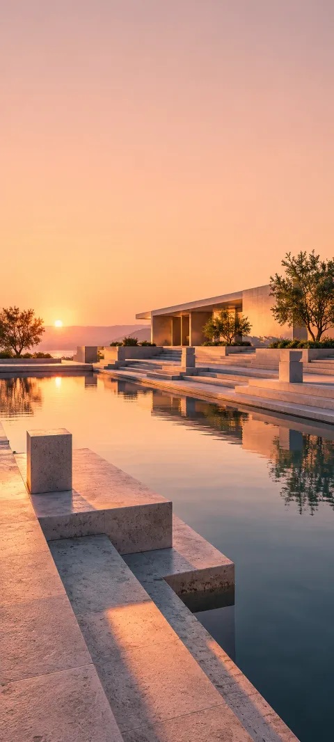 Modern concrete terraces, small square pillars and reflecting water under peach sunrise.