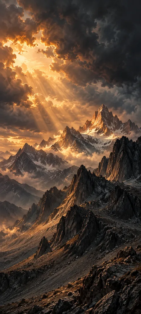 Golden beams through dark clouds lighting rugged snowy mountains.