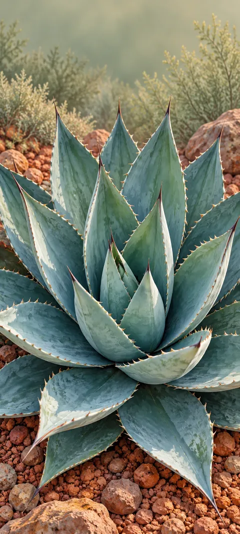 A close view of blue-green agave leaves with silver edges above terracotta gravel.