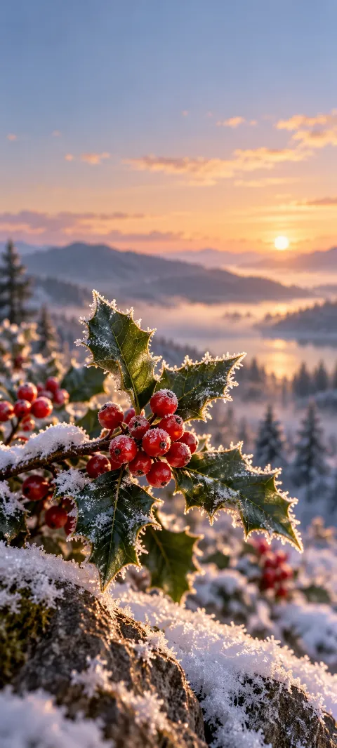 Frosted red holly berries and spiny green leaves before a sunrise valley.
