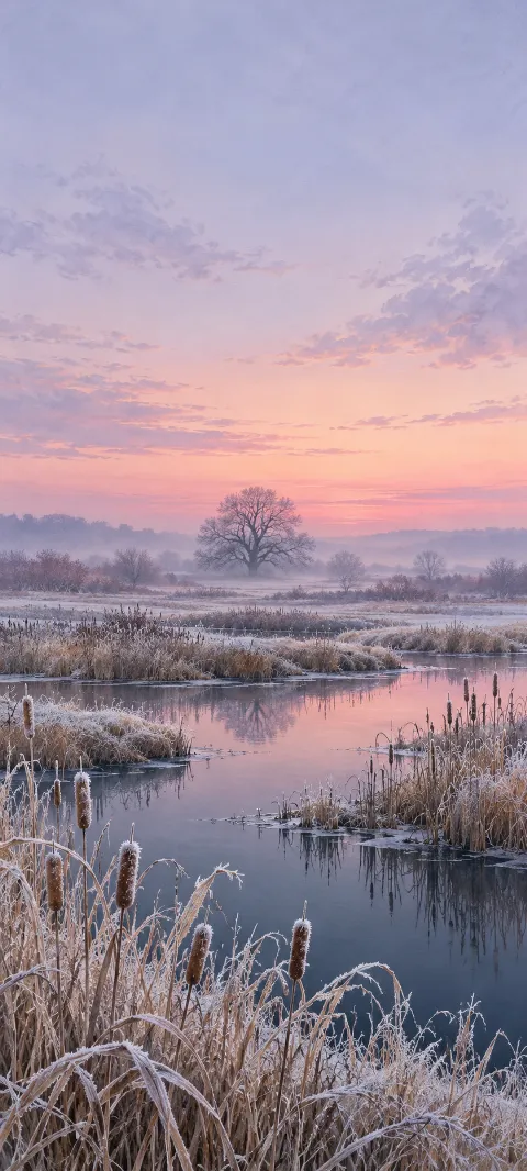 Frosted cattails around still wetland pools with a bare oak and pink dawn sky.