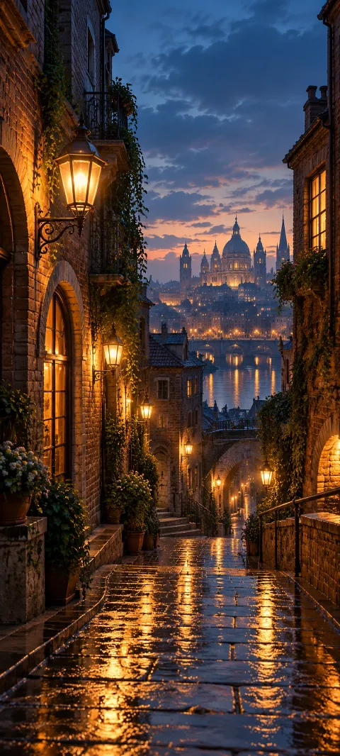 A brick passage glows with lamps and wet stone.