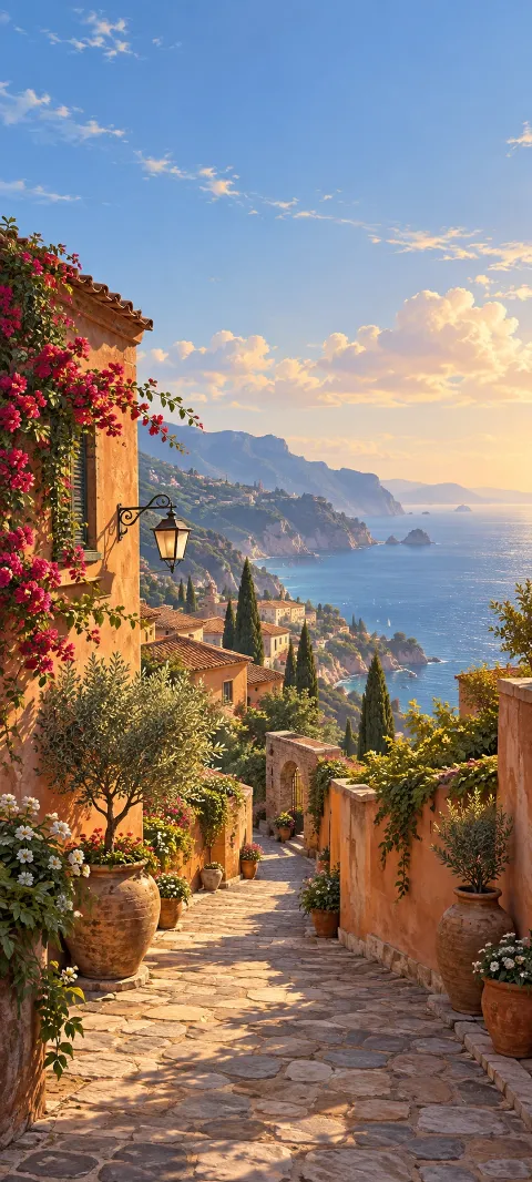 A rooftop lane winds between terracotta walls.