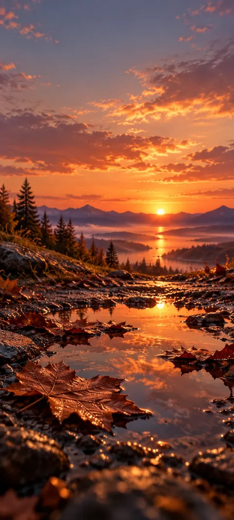 Copper sky reflects in a rain puddle beside wet leaves.