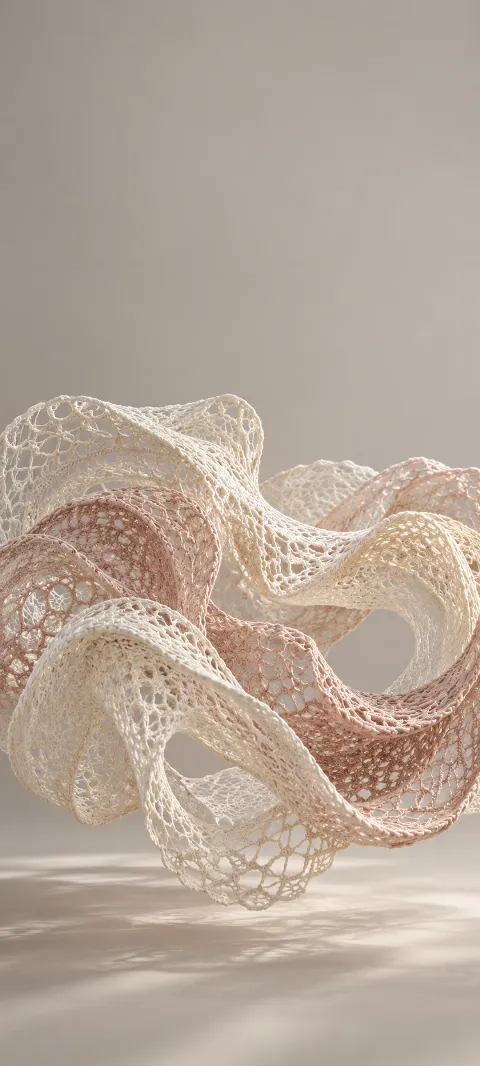 Curving ivory and dusty rose crochet mesh bands suspended in an airy form.
