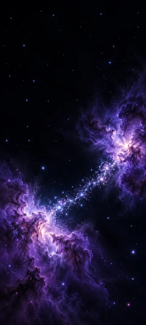 Two purple nebula clouds connected by a narrow stream of bright stars.