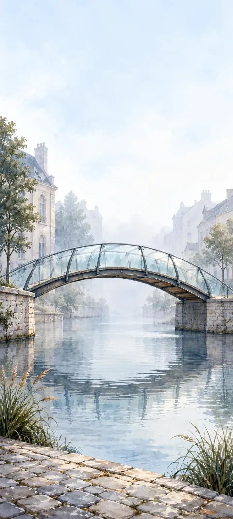 Arched glass footbridge over a foggy canal with pale buildings and a cobblestone bank.