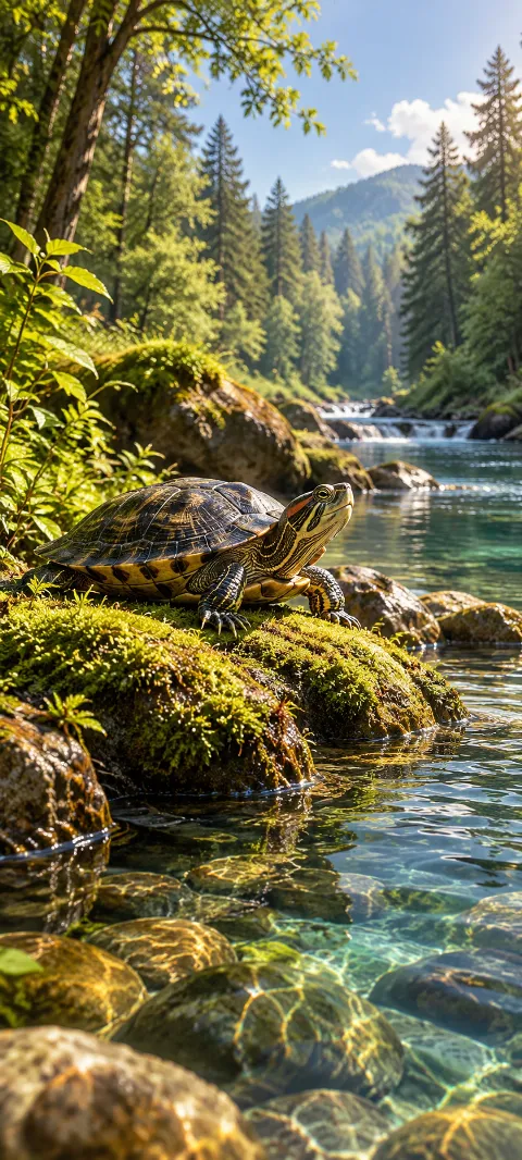 A river turtle rests beside a mossy bank.