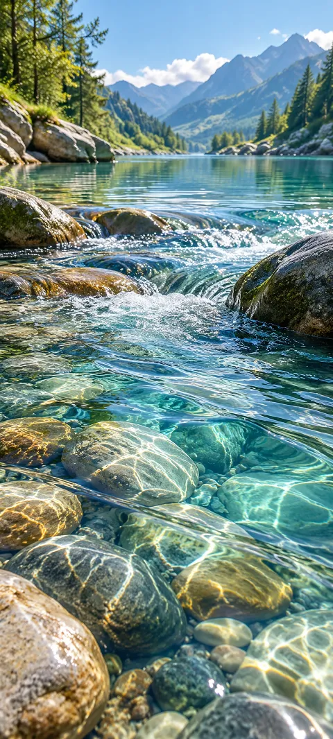 Clear river water flows over rounded stones.