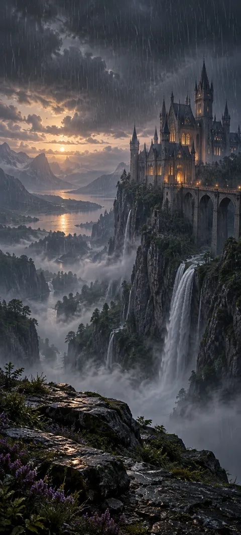 A quiet castle rests on a cliff behind falling rain.