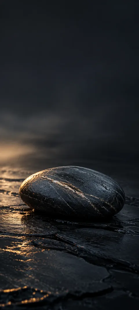 A dark slate pebble rests on a nearly black plane.
