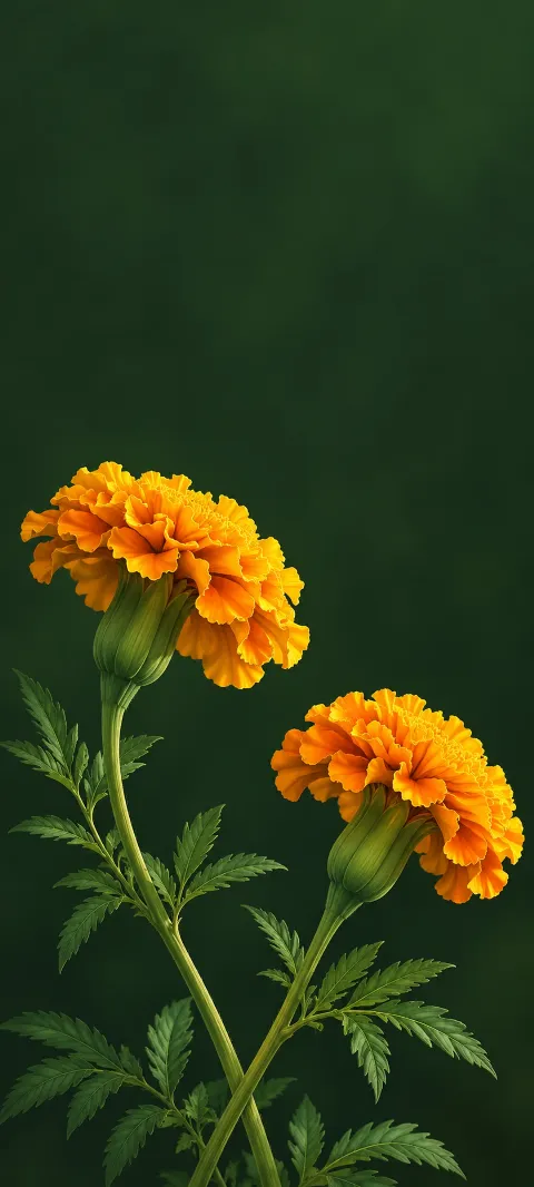 Two orange and yellow marigolds on crossing green stems against dark foliage.
