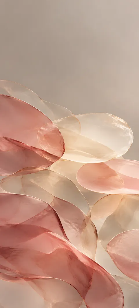 Layered translucent rose and cream curved discs against warm gray.