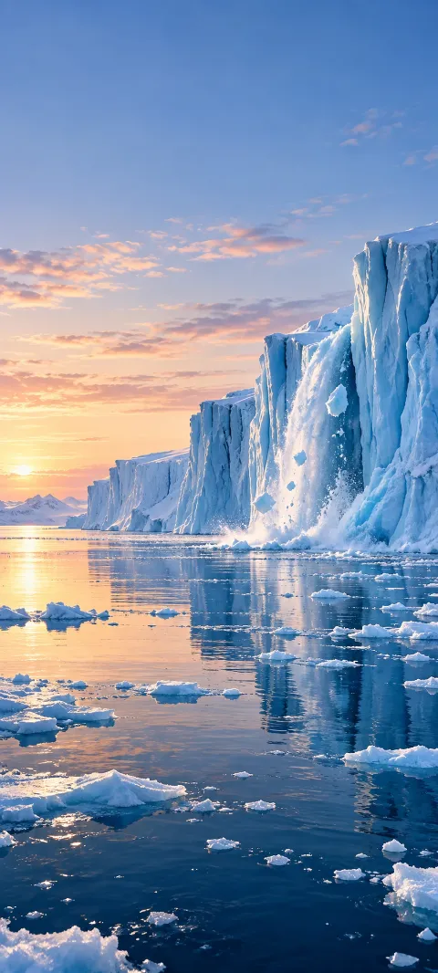 A blue ice shelf melts into a calm polar sea.