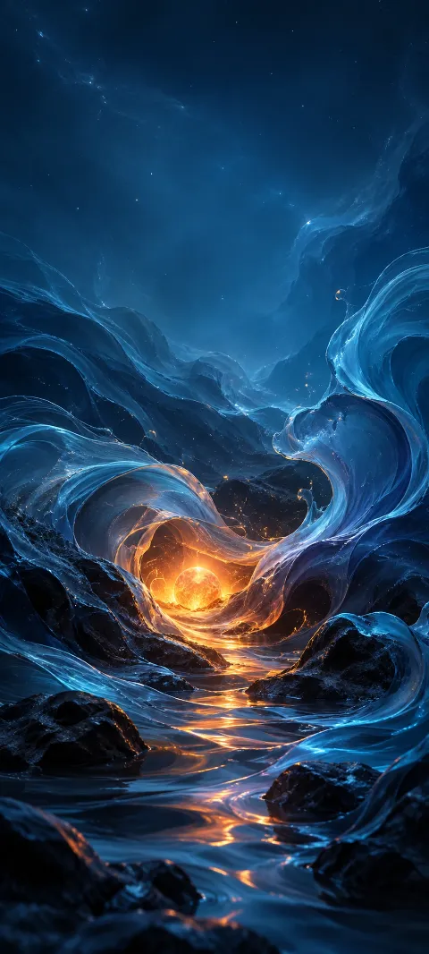 Blue fluid shapes surround a small ember orange glow.