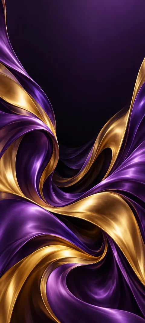 Violet and gold ribbons twist around a dark center like liquid silk.