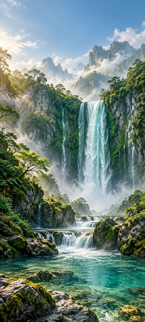 An emerald waterfall drops through moss and mist.