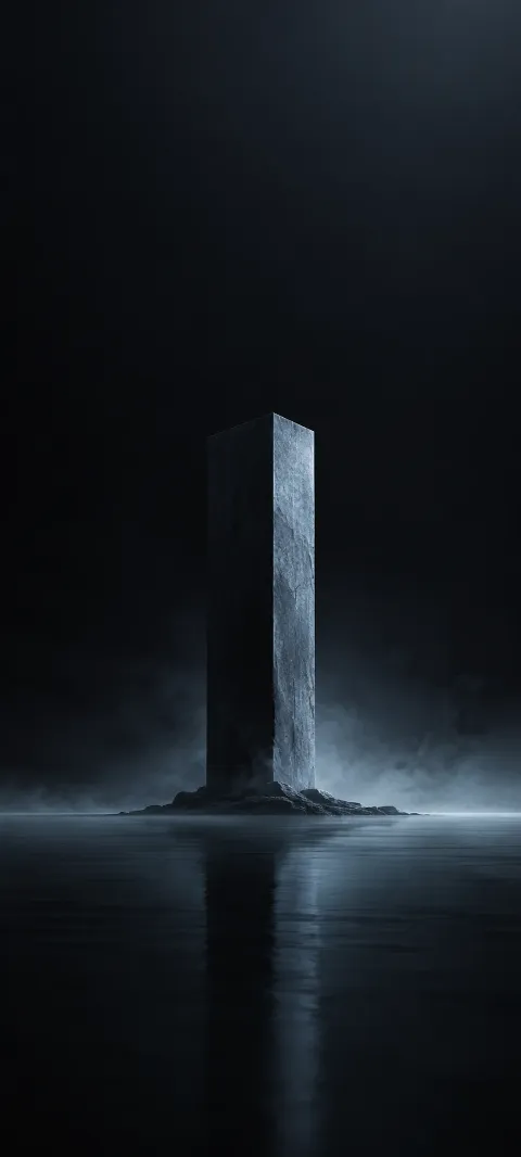 A low blue-gray pillar rises from a dark floor.