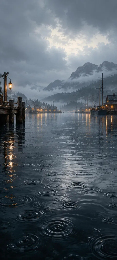 Rain circles spread across dark harbor water.