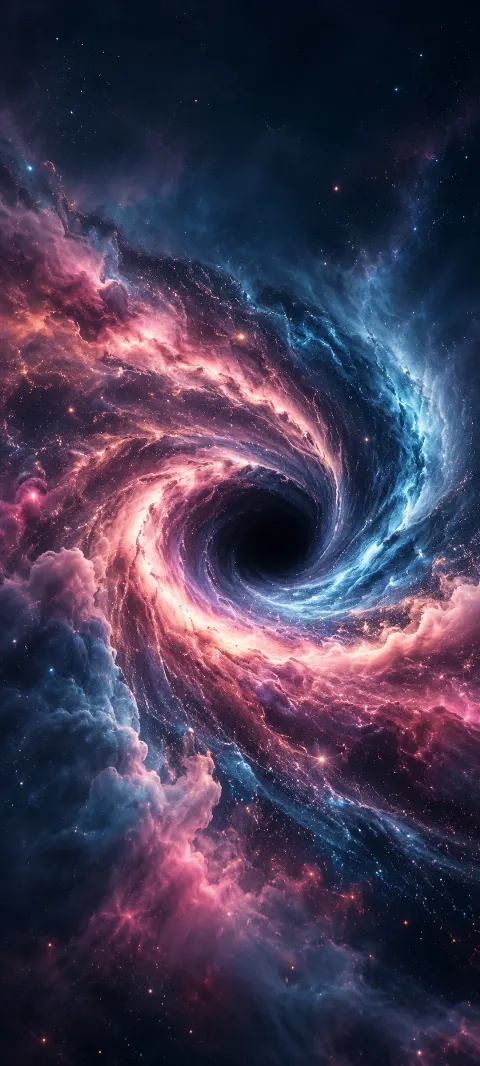 Rose and blue nebula dust spiral around a dark center.