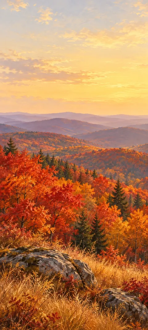 Autumn maple hills with evergreens and a foreground boulder under golden haze.