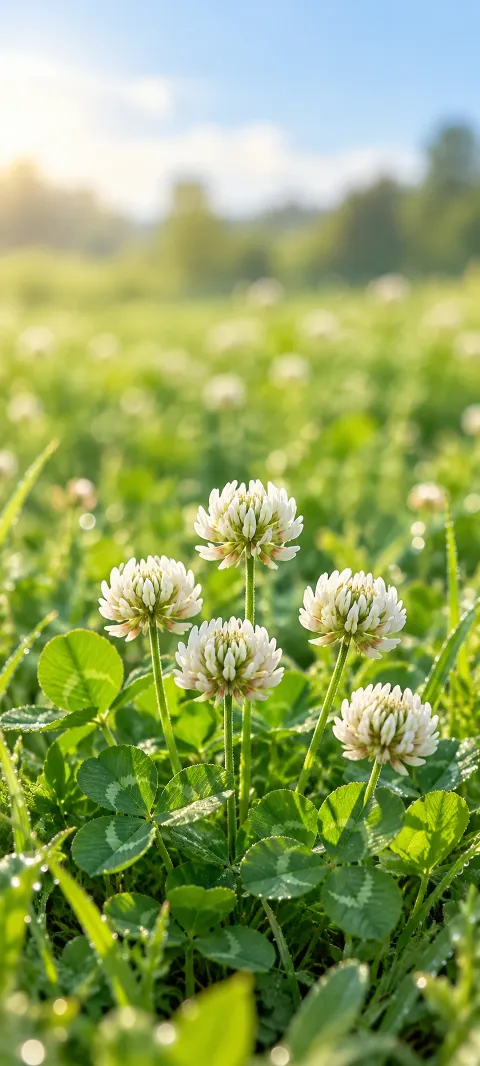White clover flowers and trifoliate leaves against a blurred sunlit meadow.