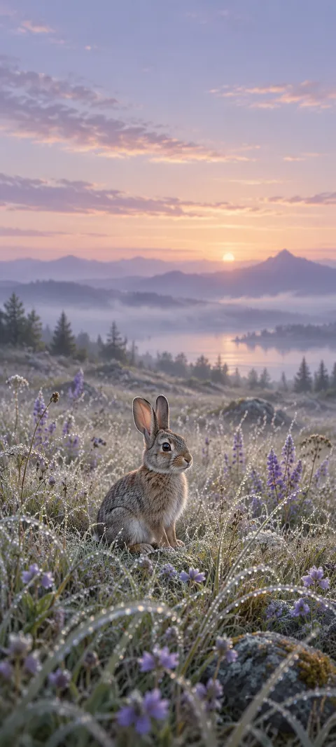 A small gray-brown rabbit sits in silvery grasses and violet flowers at dawn.